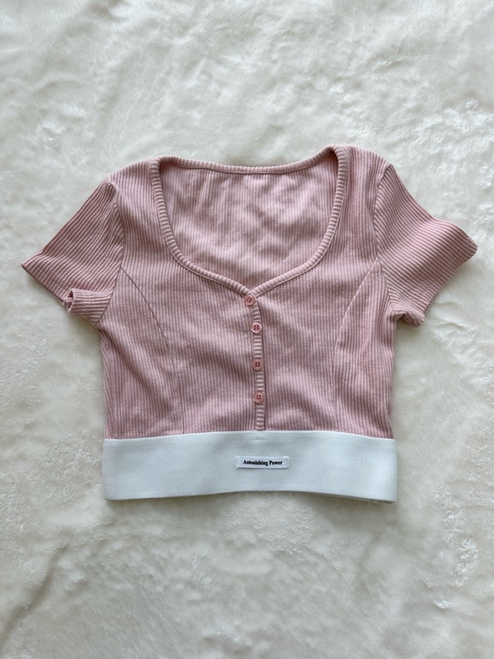 Ribbed Pink Cropped Button-Front Top with White Hem
